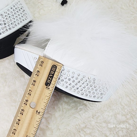 Your Majesty White Marabou Feather Rhinestone Platform Slip On Wedding Slides - Picture 8 of 10